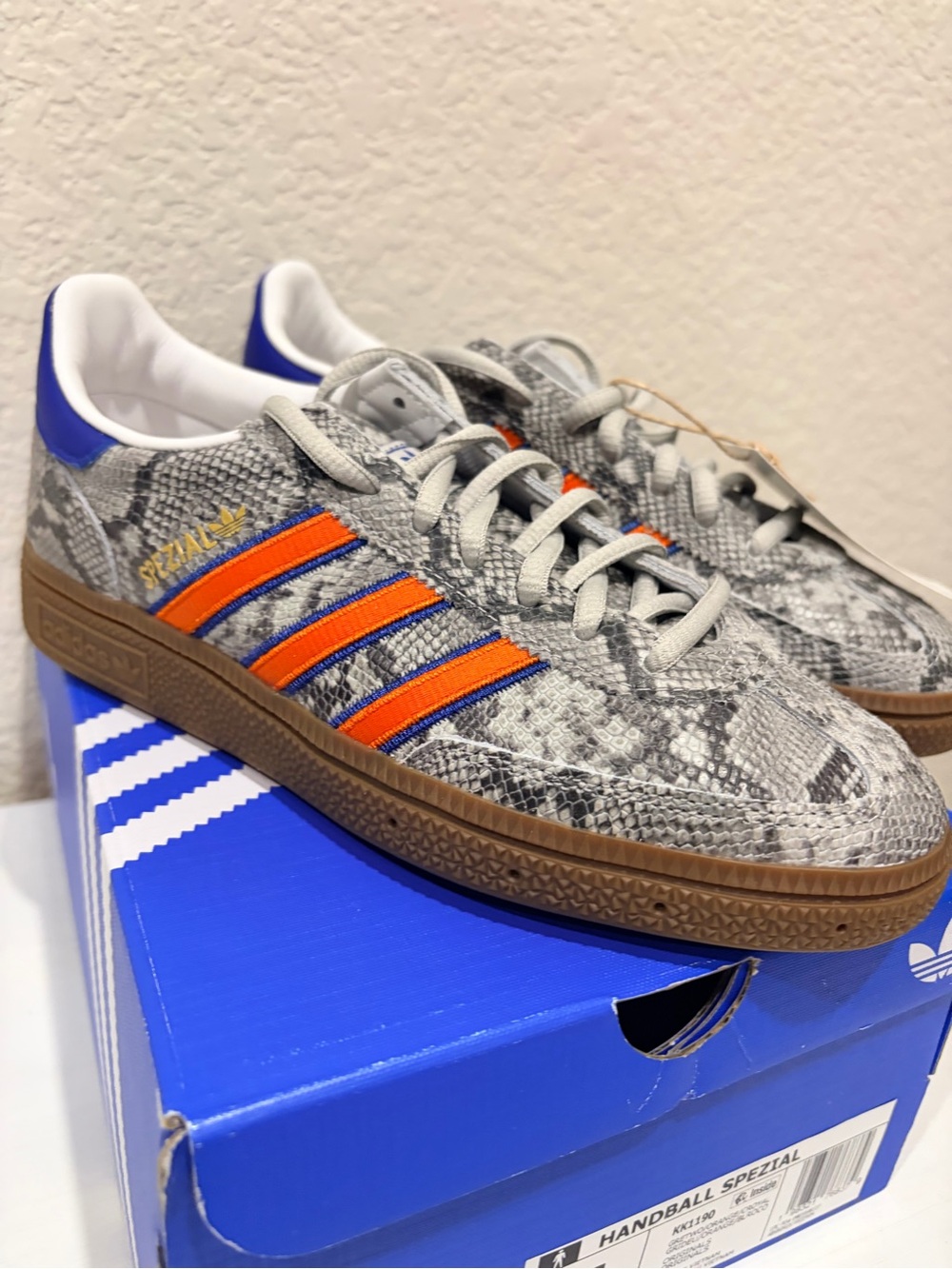 adidas Gray Snake Print Sneakers with Orange Stripes and Blue Heel New 5M/6W